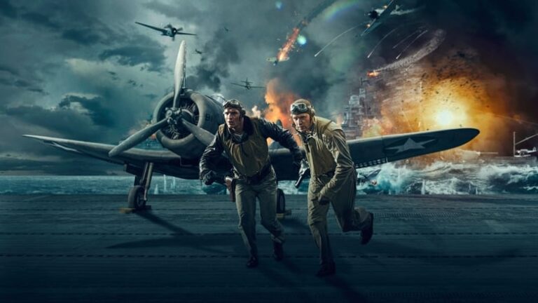 Two World War II fighter pilots running on an aircraft carrier with explosions and aerial combat in the background.