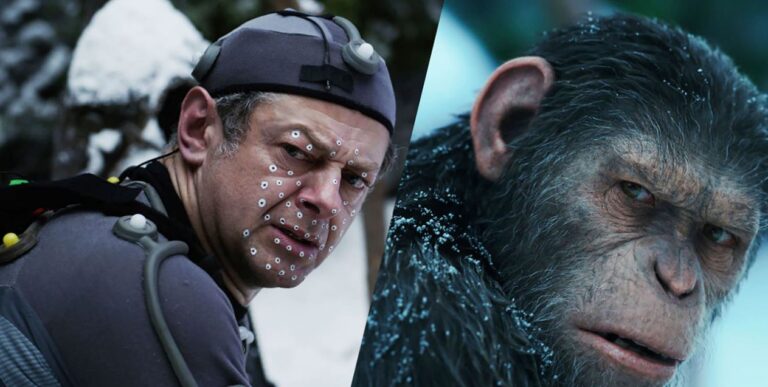 Actor in motion capture suit with facial tracking dots next to a CGI-rendered ape character from a VFX-heavy film.